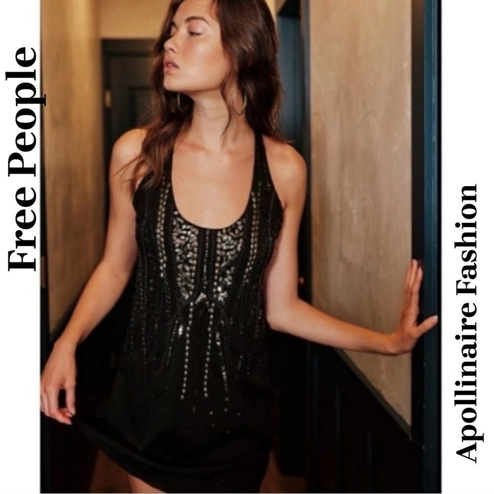 FREE PEOPLE ELA EMBELLISHED MINI DRESS TOP IN BLACK SMALL NWT - Picture 5 of 8
